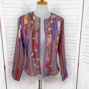 Chicos Boho Silk Multicolor Stripe Embroidered Sequin Blazer Jacket Medium